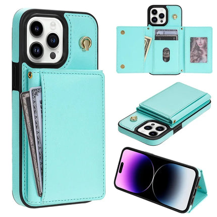 BKS-003 For iPhone 15 Pro Max Case Tri-Fold Card Holder Kickstand TPU+Leather Back Cover with Shoulder Strap - Green
