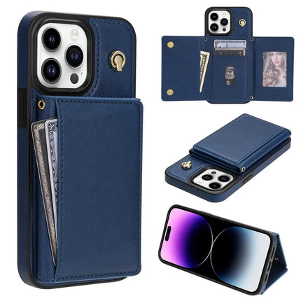 BKS-003 For iPhone 15 Pro Max Case Tri-Fold Card Holder Kickstand TPU+Leather Back Cover with Shoulder Strap - Blue