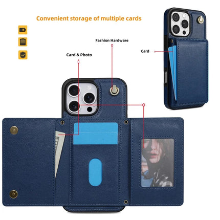 BKS-003 For iPhone 15 Pro Max Case Tri-Fold Card Holder Kickstand TPU+Leather Back Cover with Shoulder Strap