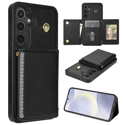 For Samsung Galaxy A15 4G / 5G Case Tri-Fold Card Holder Kickstand TPU+Leather Back Cover with Shoulder Strap - Black