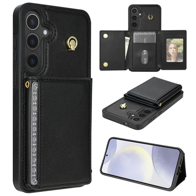 For Samsung Galaxy A15 4G / 5G Case Tri-Fold Card Holder Kickstand TPU+Leather Back Cover with Shoulder Strap - Black