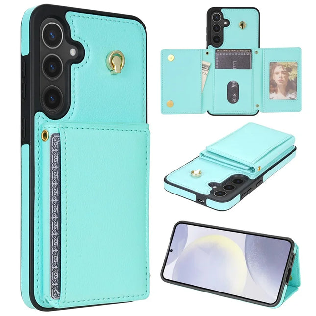 For Samsung Galaxy A15 4G / 5G Case Tri-Fold Card Holder Kickstand TPU+Leather Back Cover with Shoulder Strap - Green