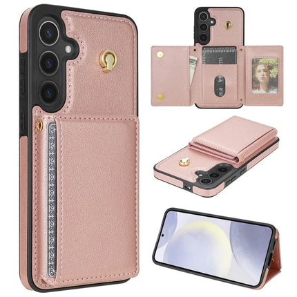 For Samsung Galaxy A15 4G / 5G Case Tri-Fold Card Holder Kickstand TPU+Leather Back Cover with Shoulder Strap - Pink