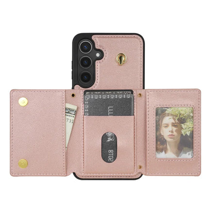 For Samsung Galaxy A15 4G / 5G Case Tri-Fold Card Holder Kickstand TPU+Leather Back Cover with Shoulder Strap