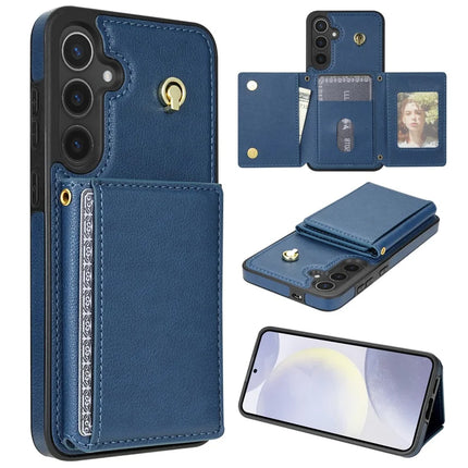 For Samsung Galaxy A15 4G / 5G Case Tri-Fold Card Holder Kickstand TPU+Leather Back Cover with Shoulder Strap - Blue