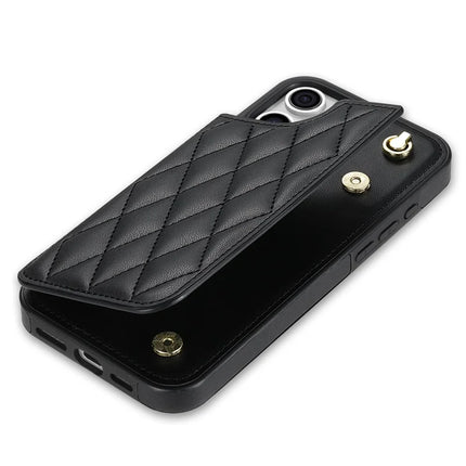 For iPhone 16 Pro Case with Wrist Strap Card Slots Rhombus Leather+TPU Phone Cover