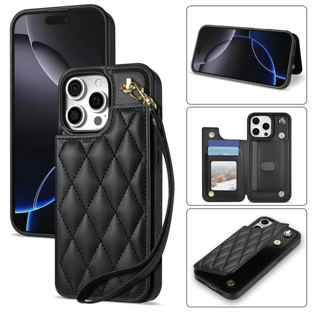 For iPhone 16 Pro Max Case with Wrist Strap Card Slots Rhombus Leather+TPU Phone Cover - Black