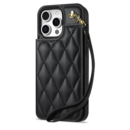 For iPhone 16 Pro Max Case with Wrist Strap Card Slots Rhombus Leather+TPU Phone Cover