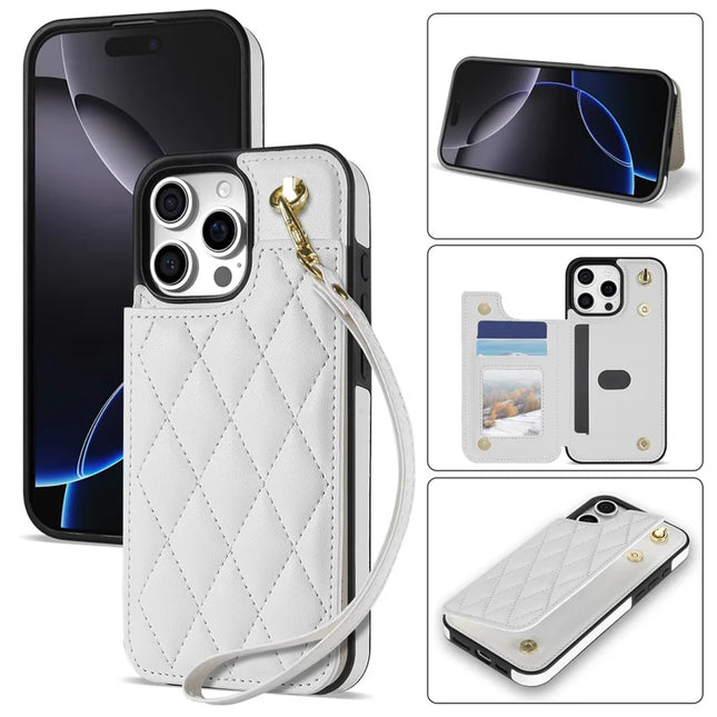 For iPhone 16 Pro Max Case with Wrist Strap Card Slots Rhombus Leather+TPU Phone Cover - Beige