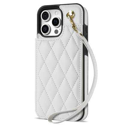 For iPhone 16 Pro Max Case with Wrist Strap Card Slots Rhombus Leather+TPU Phone Cover