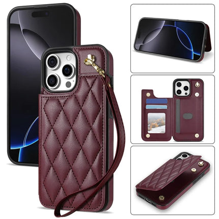 For iPhone 16 Pro Max Case with Wrist Strap Card Slots Rhombus Leather+TPU Phone Cover - Wine Red