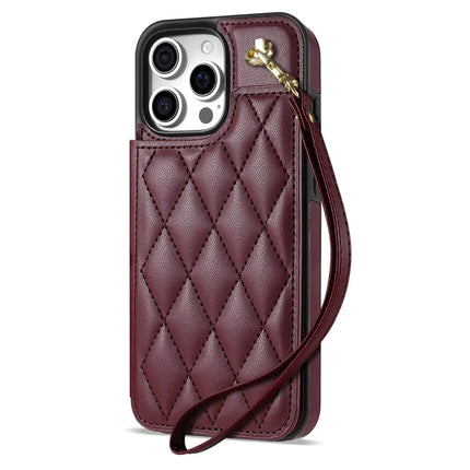 For iPhone 16 Pro Max Case with Wrist Strap Card Slots Rhombus Leather+TPU Phone Cover