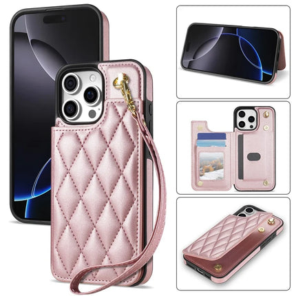 For iPhone 16 Pro Max Case with Wrist Strap Card Slots Rhombus Leather+TPU Phone Cover - Rose Gold