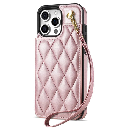 For iPhone 16 Pro Max Case with Wrist Strap Card Slots Rhombus Leather+TPU Phone Cover