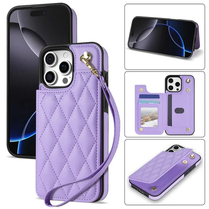 For iPhone 16 Pro Max Case with Wrist Strap Card Slots Rhombus Leather+TPU Phone Cover - Purple