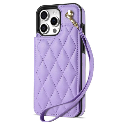 For iPhone 16 Pro Max Case with Wrist Strap Card Slots Rhombus Leather+TPU Phone Cover