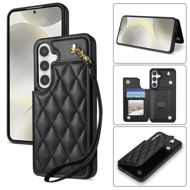 For Samsung Galaxy A55 5G Case with Wrist Strap Card Slots Rhombus Leather+TPU Phone Cover - Black