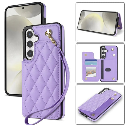 For Samsung Galaxy A55 5G Case with Wrist Strap Card Slots Rhombus Leather+TPU Phone Cover - Purple