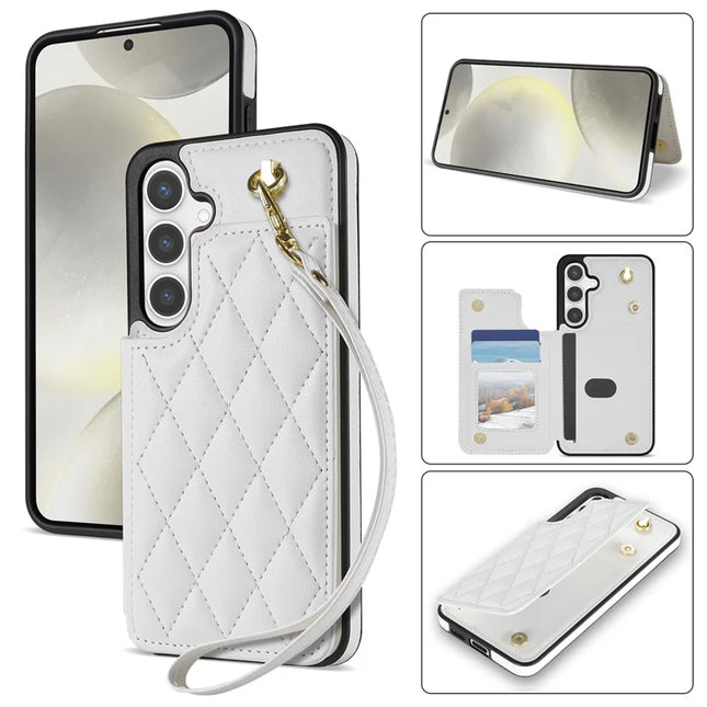For Samsung Galaxy A15 4G / 5G Case with Wrist Strap Card Slots Rhombus Leather+TPU Phone Cover - Beige