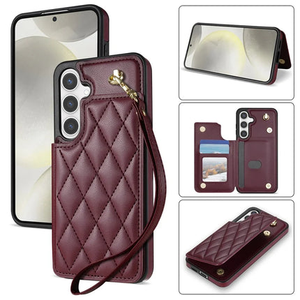 For Samsung Galaxy A15 4G / 5G Case with Wrist Strap Card Slots Rhombus Leather+TPU Phone Cover - Wine Red
