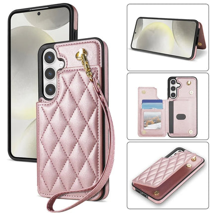 For Samsung Galaxy A15 4G / 5G Case with Wrist Strap Card Slots Rhombus Leather+TPU Phone Cover - Rose Gold