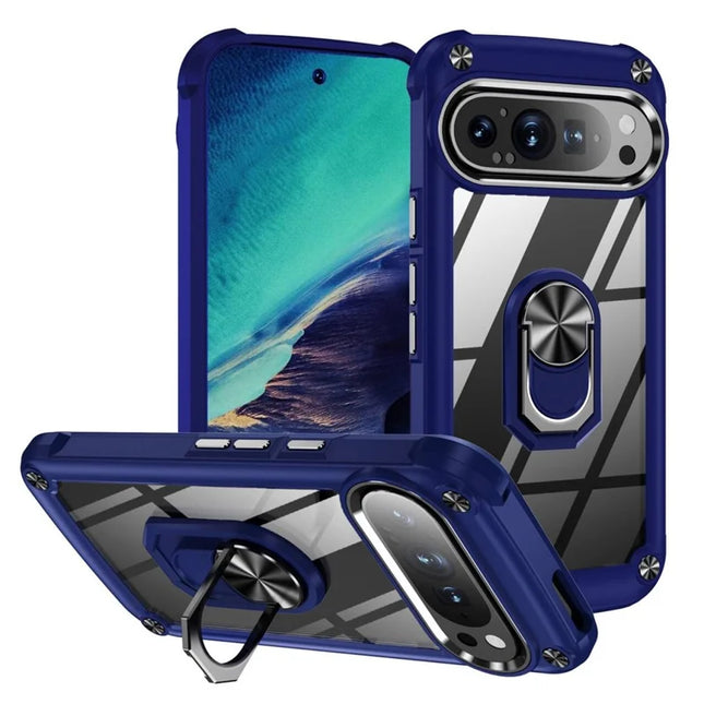 For Google Pixel 9 Pro  /  Pixel 9 Case Alloy Lens Frame PC + TPU Kickstand Phone Back Cover - Blue