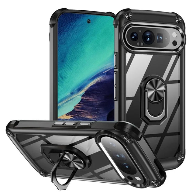 For Google Pixel 9 Pro XL Case Alloy Lens Frame PC + TPU Kickstand Phone Back Cover - Black