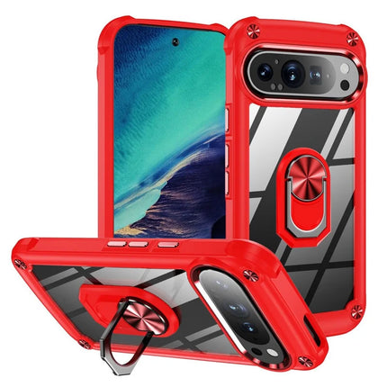 For Google Pixel 9 Pro XL Case Alloy Lens Frame PC + TPU Kickstand Phone Back Cover - Red