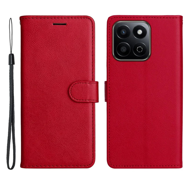 For Honor Play 60 Plus 5G / Play 9T / X7c 4G / 200 Smart 5G Case Solid Color Leather Mobile Cover Wallet Stand with Strap - Red
