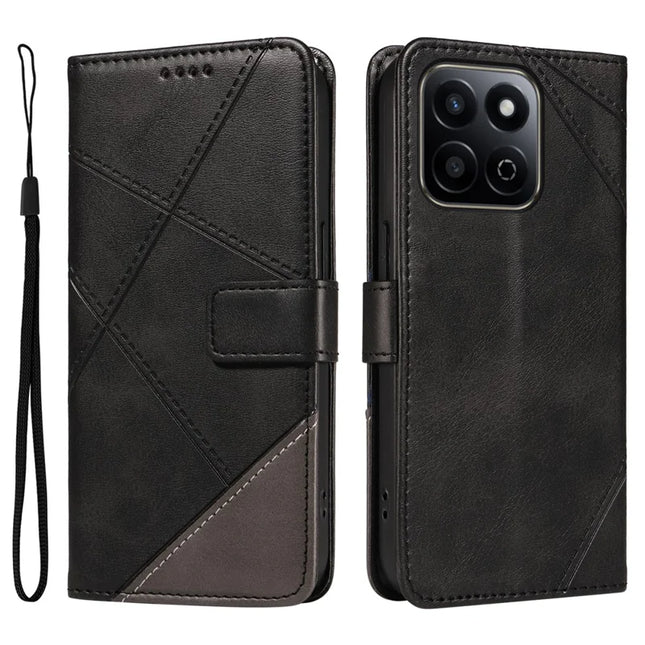 For Honor Play 60 Plus 5G / Play 9T / X7c 4G / 200 Smart 5G Leather Case Geometric Line Wallet Phone Cover - Black