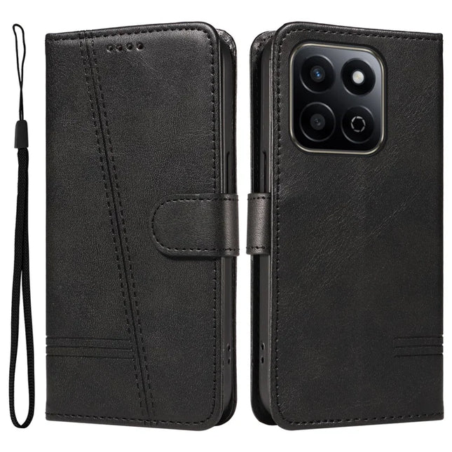 For Honor Play 60 Plus 5G / Play 9T / X7c 4G / 200 Smart 5G Wallet Phone Case T-Shape Lines Leather Cover - Black