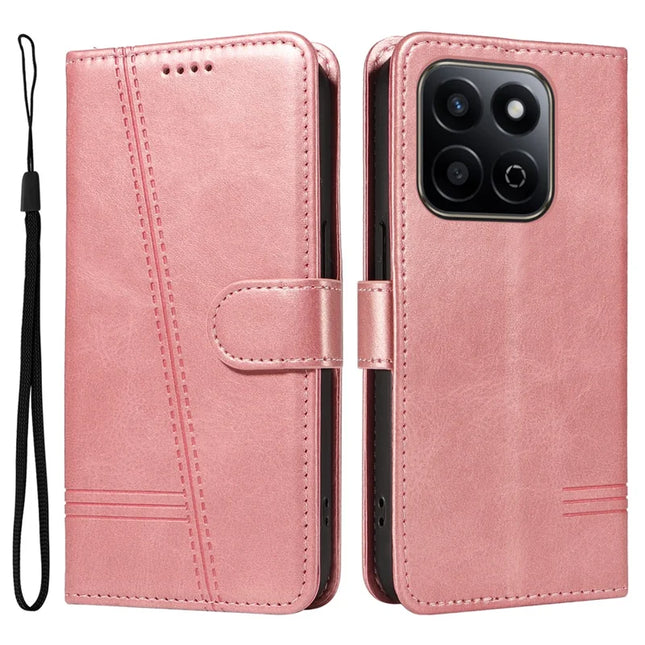 For Honor Play 60 Plus 5G / Play 9T / X7c 4G / 200 Smart 5G Wallet Phone Case T-Shape Lines Leather Cover - Rose Gold