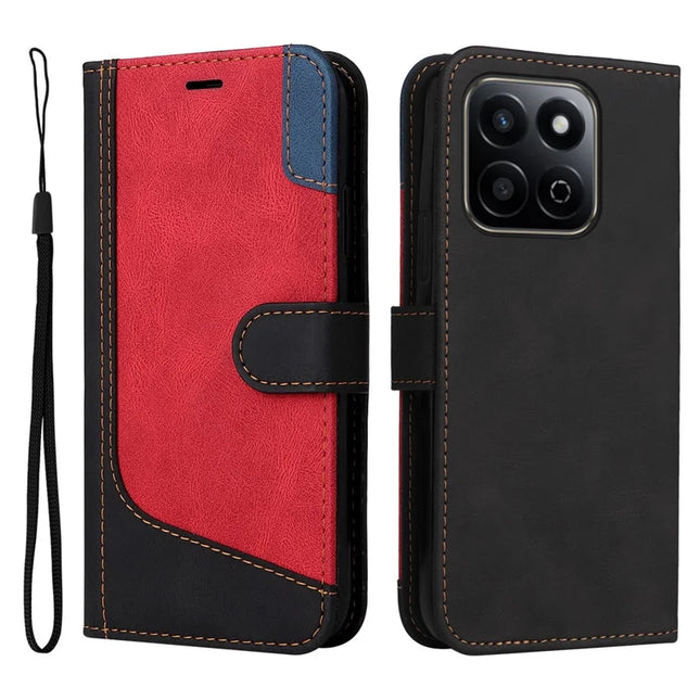 For Honor Play 60 Plus 5G / Play 9T / X7c 4G / 200 Smart 5G Leather Case Wallet Phone Cover 3 Color Splicing - Black