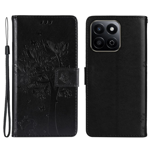 For Honor Play 60 Plus 5G / Play 9T / X7c 4G / 200 Smart 5G Case Cat Tree Pattern Flip Leather Phone Cover - Black