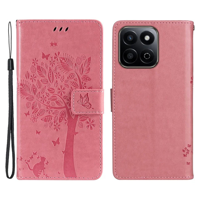 For Honor Play 60 Plus 5G / Play 9T / X7c 4G / 200 Smart 5G Case Cat Tree Pattern Flip Leather Phone Cover - Pink