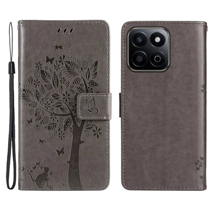 For Honor Play 60 Plus 5G / Play 9T / X7c 4G / 200 Smart 5G Case Cat Tree Pattern Flip Leather Phone Cover - Grey