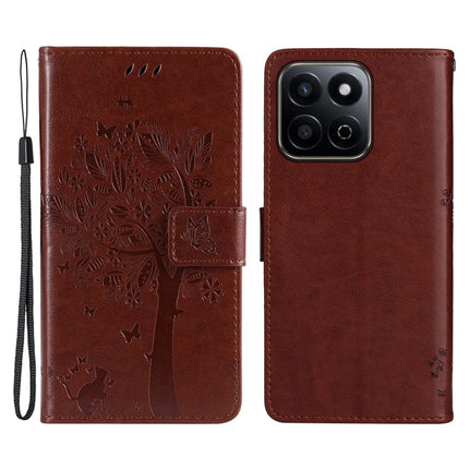 For Honor Play 60 Plus 5G / Play 9T / X7c 4G / 200 Smart 5G Case Cat Tree Pattern Flip Leather Phone Cover - Brown