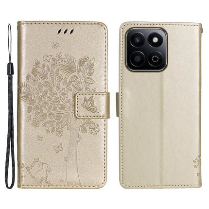 For Honor Play 60 Plus 5G / Play 9T / X7c 4G / 200 Smart 5G Case Cat Tree Pattern Flip Leather Phone Cover - Gold