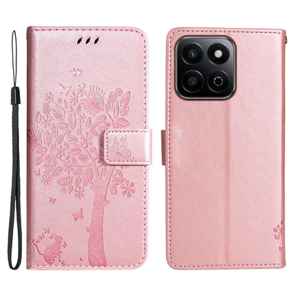 For Honor Play 60 Plus 5G / Play 9T / X7c 4G / 200 Smart 5G Case Cat Tree Pattern Flip Leather Phone Cover - Rose Gold