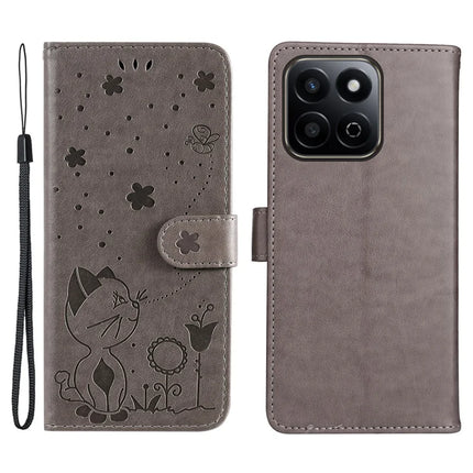 For Honor Play 60 Plus 5G / Play 9T / X7c 4G / 200 Smart 5G Case Cat Bee Pattern Leather Phone Cover - Grey
