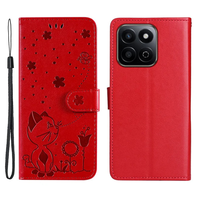 For Honor Play 60 Plus 5G / Play 9T / X7c 4G / 200 Smart 5G Case Cat Bee Pattern Leather Phone Cover - Red