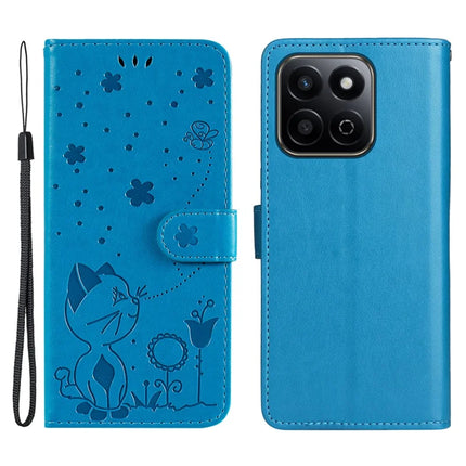 For Honor Play 60 Plus 5G / Play 9T / X7c 4G / 200 Smart 5G Case Cat Bee Pattern Leather Phone Cover - Blue
