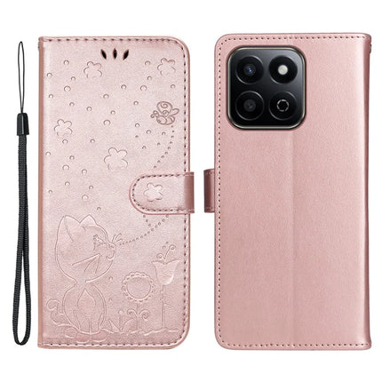For Honor Play 60 Plus 5G / Play 9T / X7c 4G / 200 Smart 5G Case Cat Bee Pattern Leather Phone Cover - Rose Gold