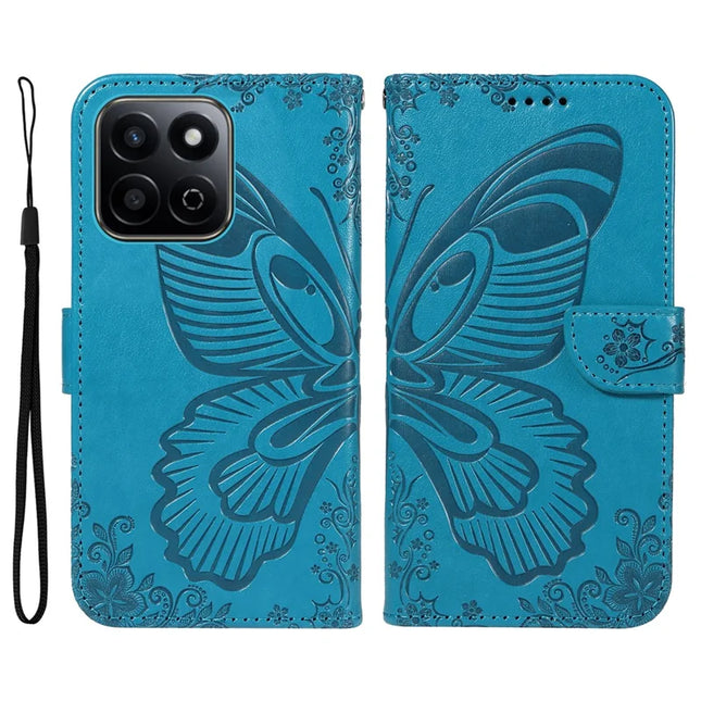 For Honor Play 60 Plus 5G / Play 9T / X7c 4G / 200 Smart 5G Case Butterfly Pattern Leather Wallet Flip Phone Cover - Blue