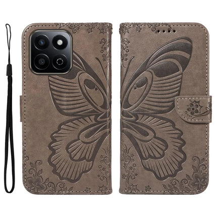 For Honor Play 60 Plus 5G / Play 9T / X7c 4G / 200 Smart 5G Case Butterfly Pattern Leather Wallet Flip Phone Cover - Grey