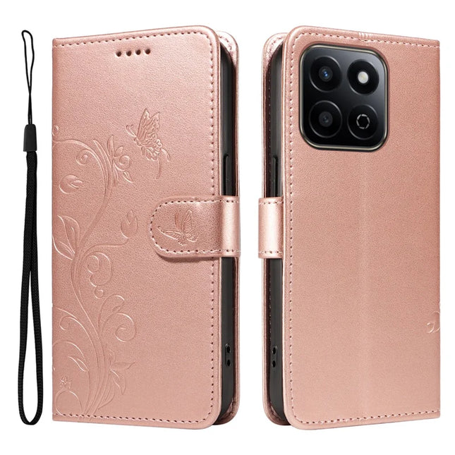 For Honor Play 60 Plus 5G / Play 9T / X7c 4G / 200 Smart 5G Case Flower Pattern PU Leather Wallet Phone Cover - Rose Gold