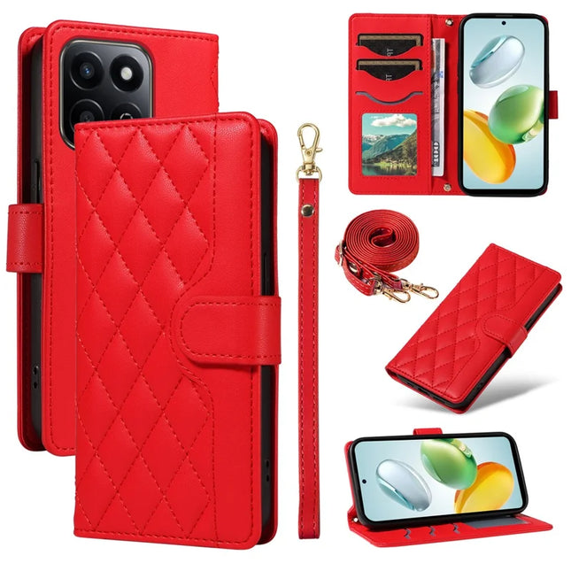 For Honor Play 60 Plus 5G / Play 9T / X7c 4G / 200 Smart 5G Wallet Case Rhombus Leather Phone Cover - Red