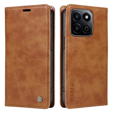 YIKATU YK-006 For Honor Play 60 Plus 5G / Play 9T / X7c 4G / 200 Smart 5G Case Magnetic Closure Leather Phone Cover Litchi Texture - Brown