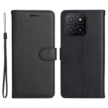 For Honor X5b / X5b Plus Case Solid Color Leather Mobile Cover Wallet Stand with Strap - Black