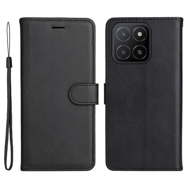 For Honor X5b / X5b Plus Case Solid Color Leather Mobile Cover Wallet Stand with Strap - Black